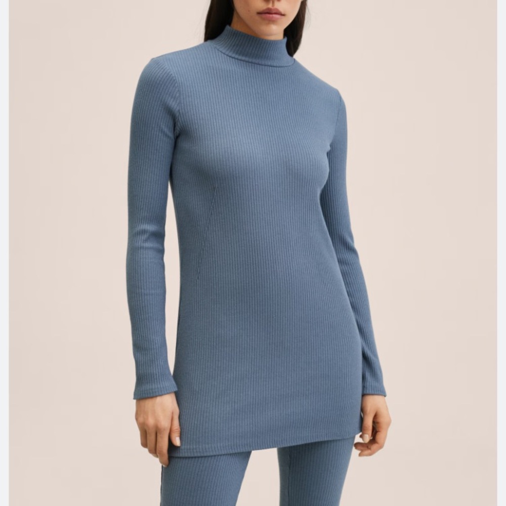 MANGO Women’s High Collar Blue Long Ribbed Sweater Size Small - Picture 7 of 9